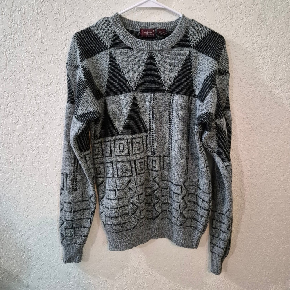 Vintage 80s Cambridge Classics Mervyn's Sweater Mens M Gray Black Geometric Knit
